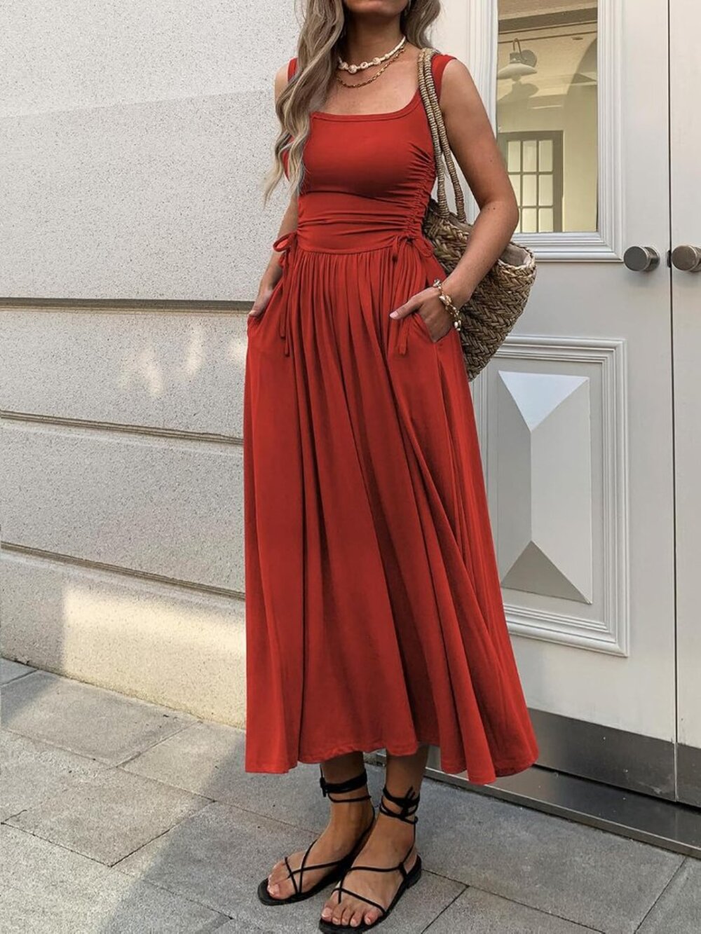 〽️Red Women's Summer Maxi Dress Boho Sleeveless A Line Sundress with Pockets - Picture 3 of 5